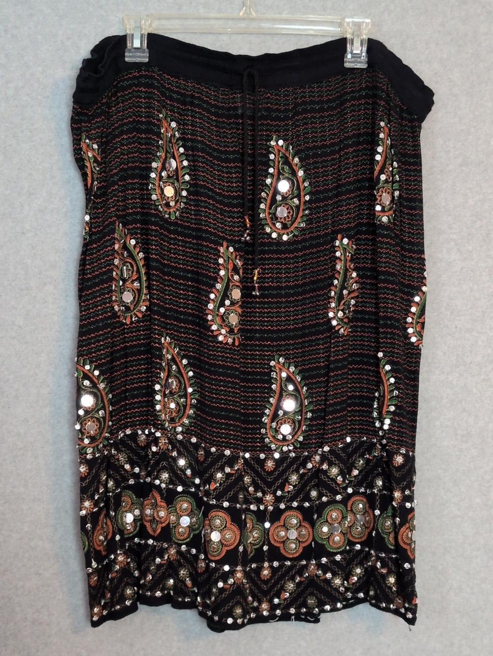 Black Embellished Boho Hippie Rayon Midi Skirt Women's One Size